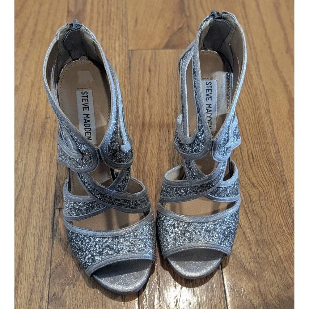 Y2K Glam Steve Madden Immence Silver Glitter Caged Stiletto Heels 7